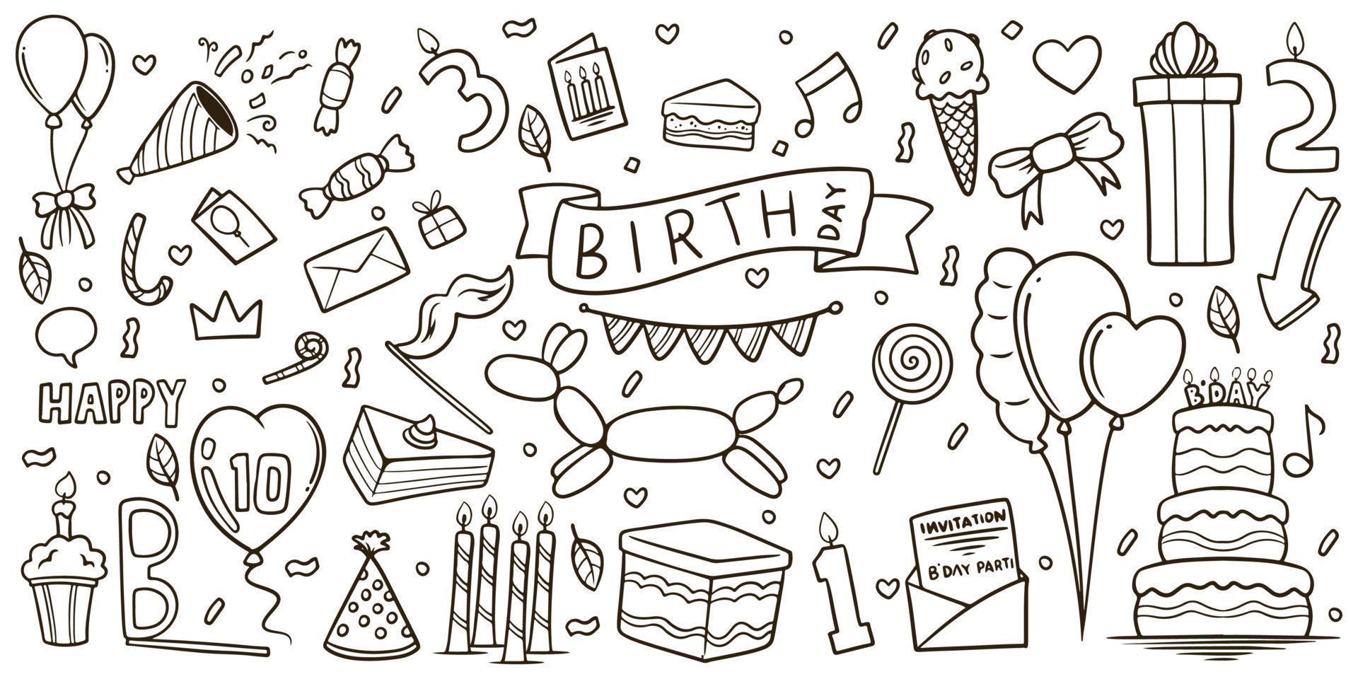 Hand drawn birthday equipments elements doodle set on white background vector