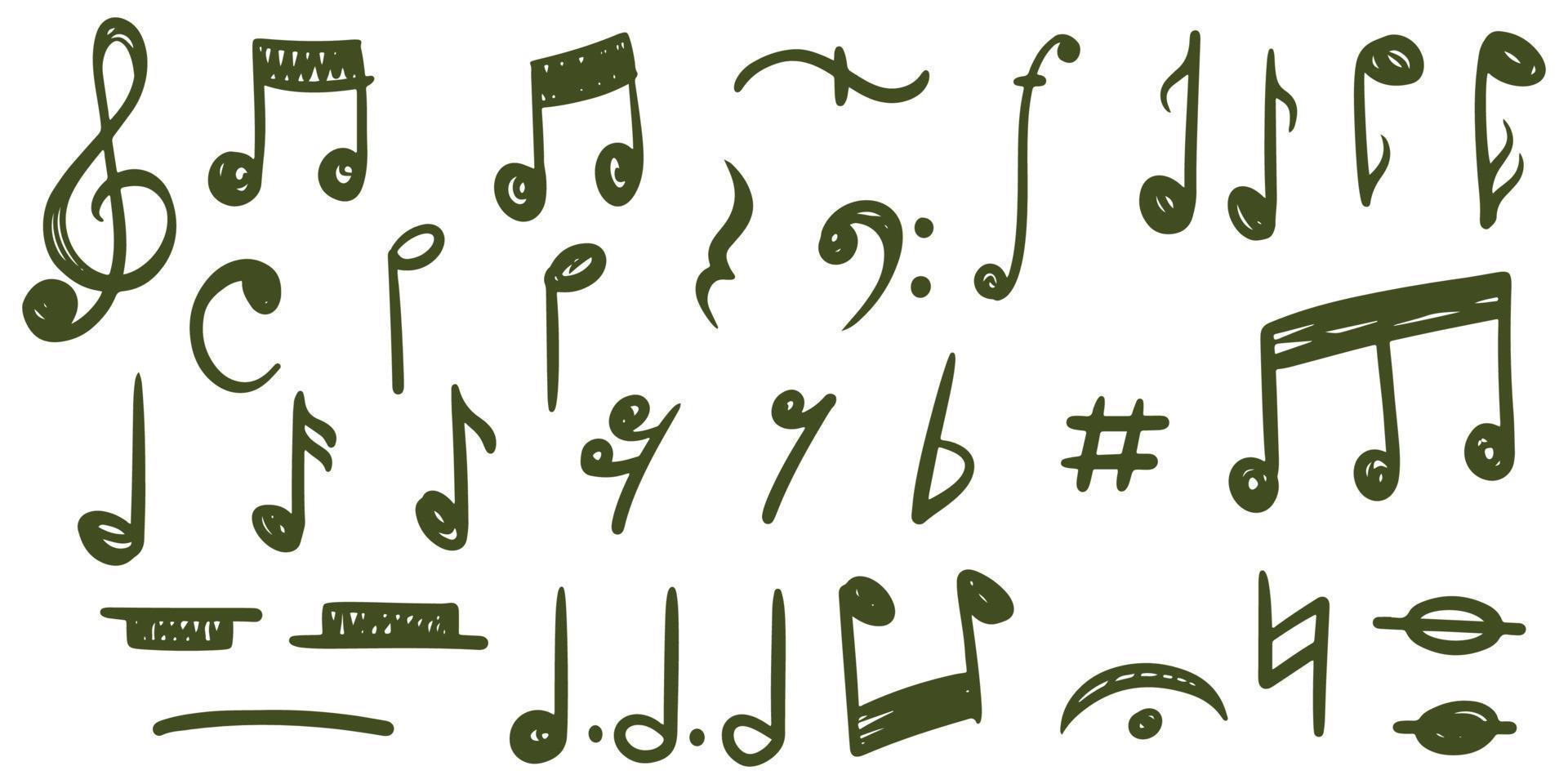 Hand drawn music notes doodle icon set isolated on white background. vector