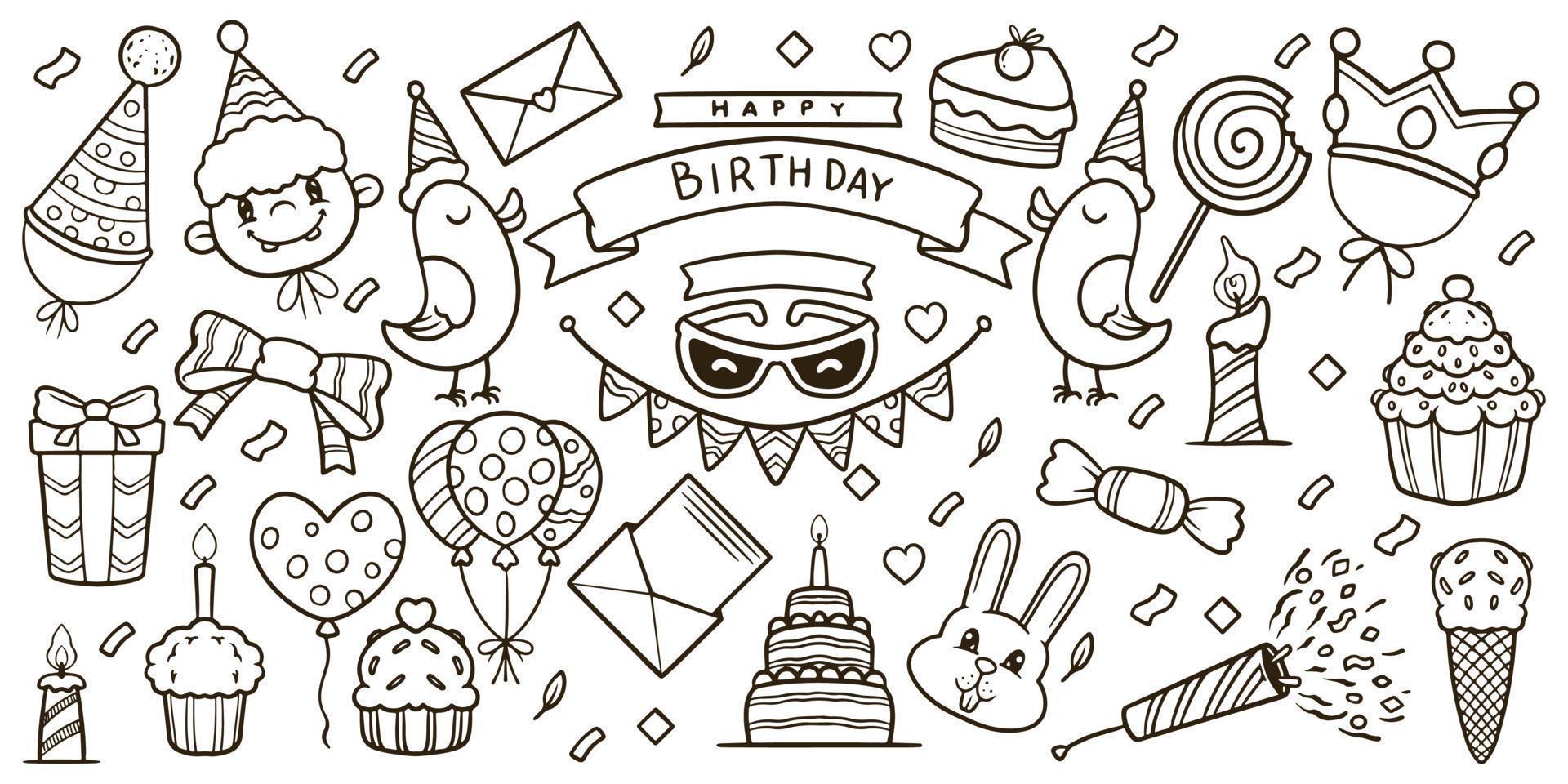 Hand drawn birthday elements doodle set drawing on white background. vector