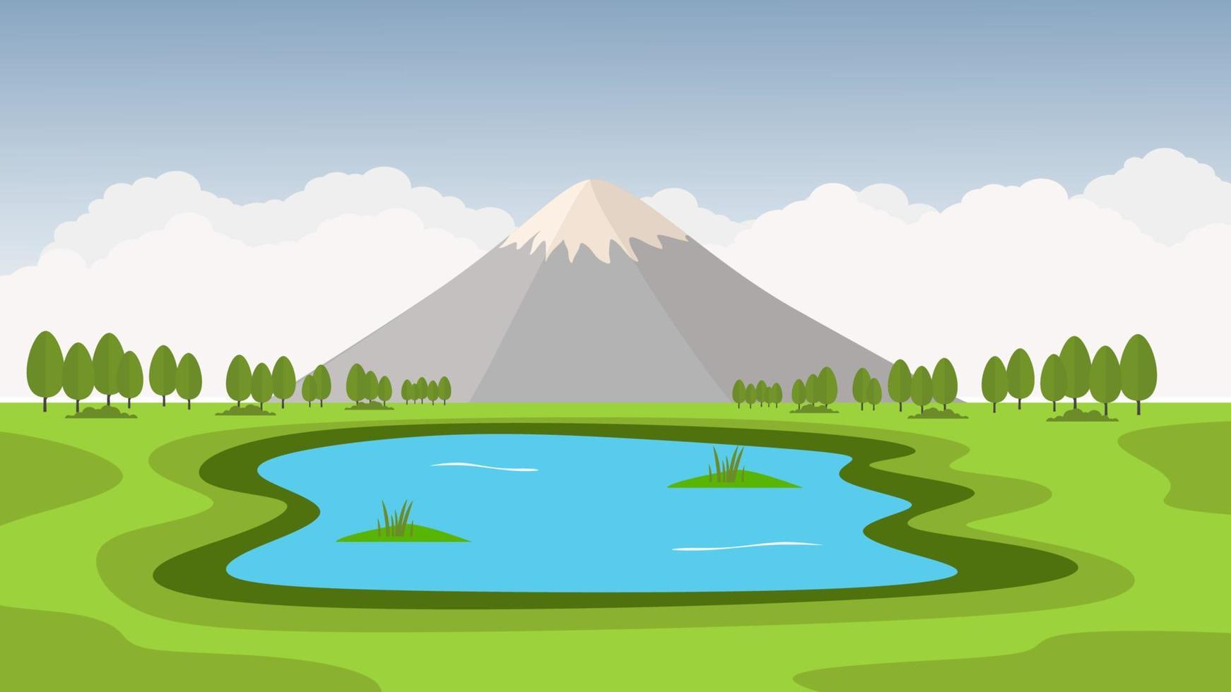 lake and mountain flat vector nature landscape background.