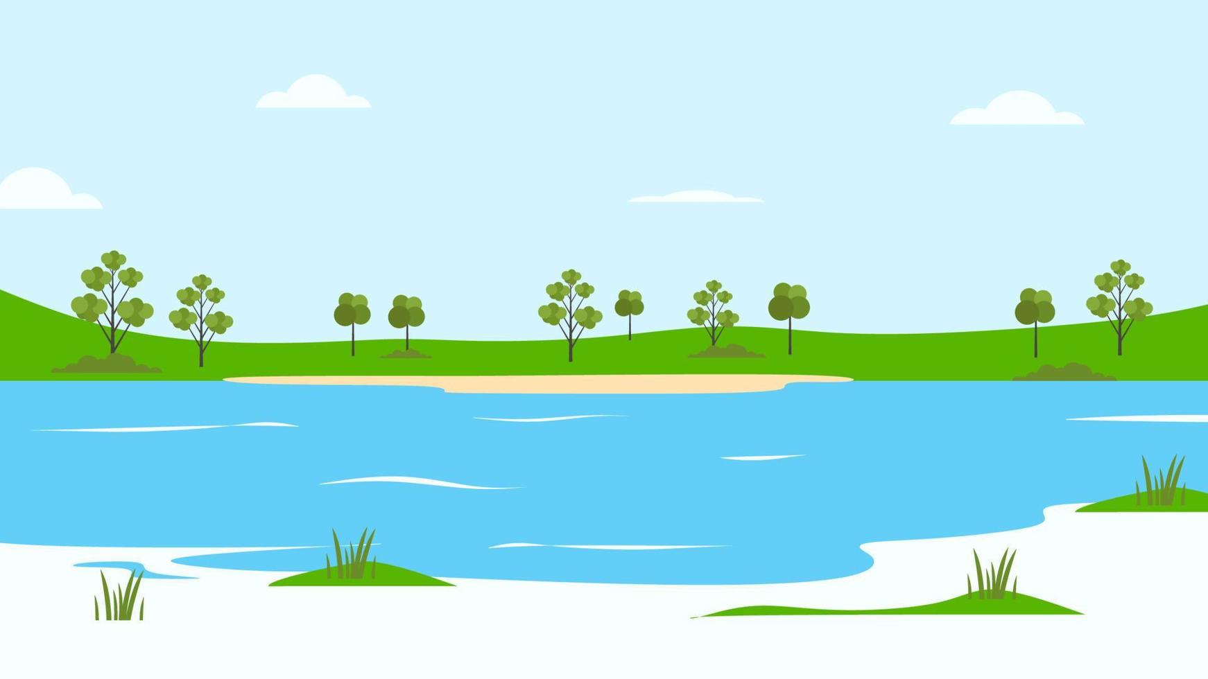 lake flat vector nature landscape background.