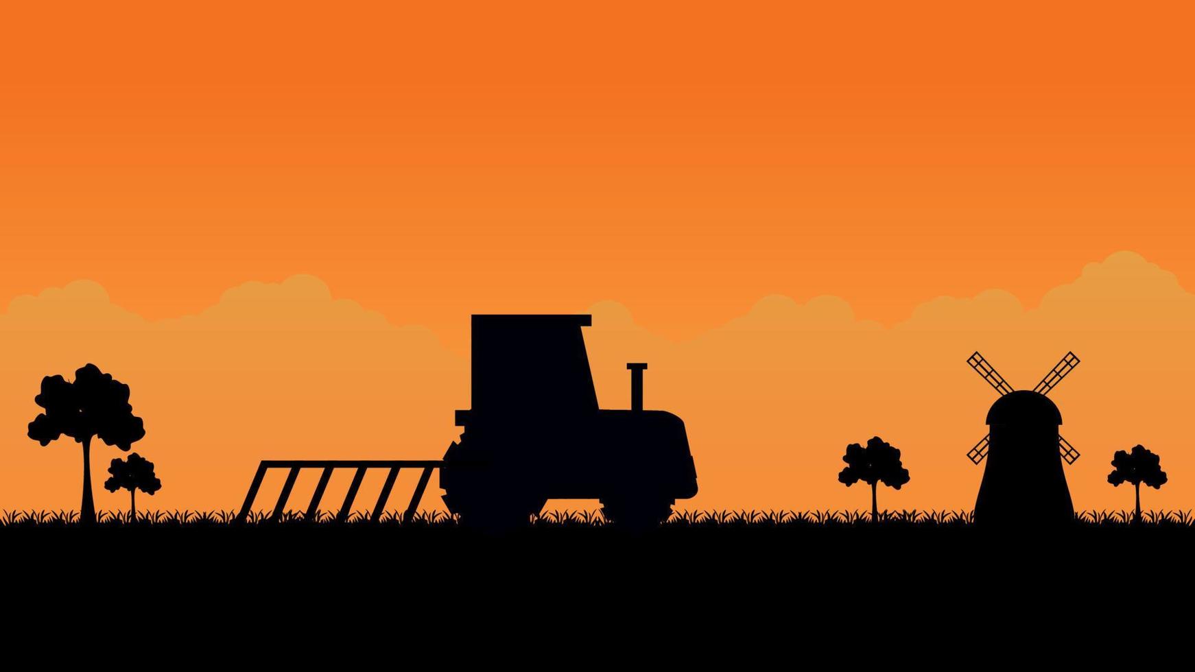 tractor plowing field on rural village landscape. vector