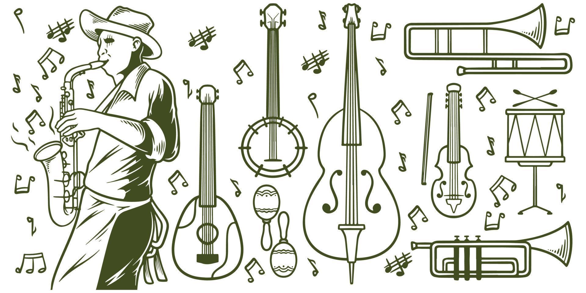 Hand drawn music jazz doodle icon set isolated on white background. vector