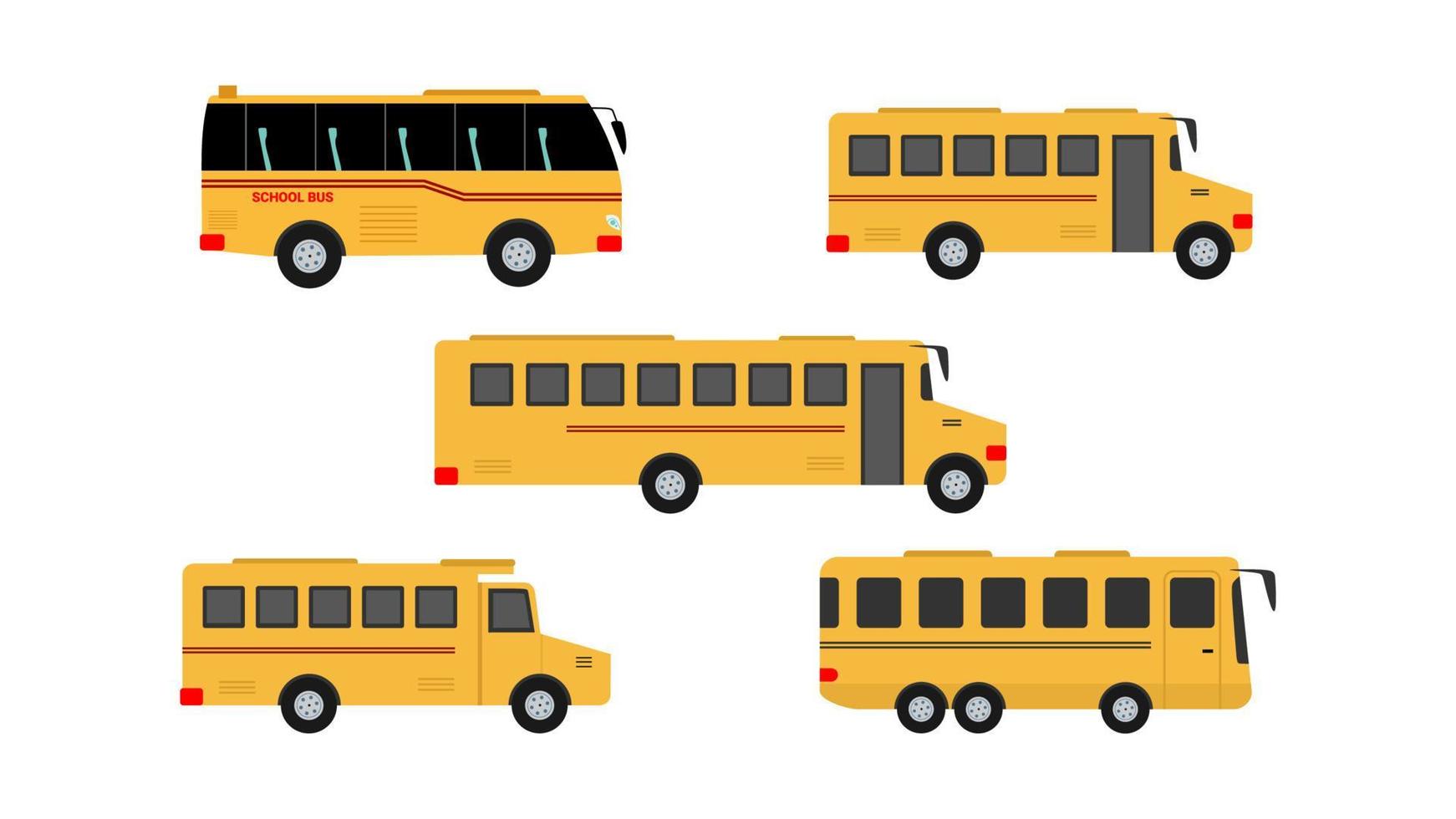 conjunto de cinco autobuses escolares aislado sobre fondo blanco. vector