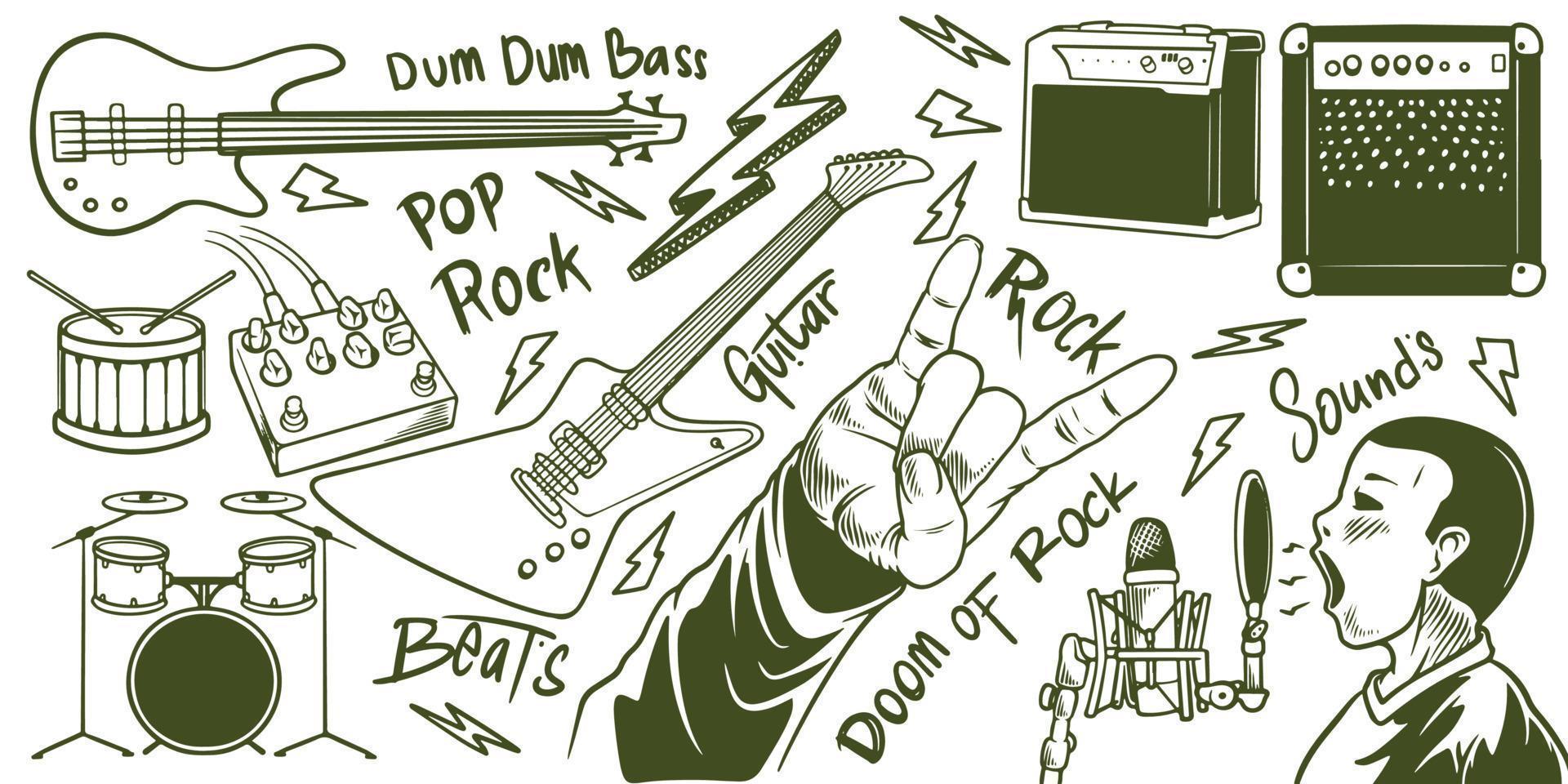 Hand drawn music pop rock equipments doodle set on white background vector
