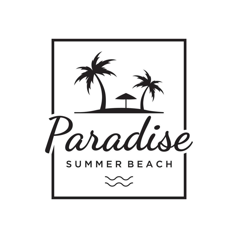 Beach summer vacation creative logo template with waves, palm trees and surf board symbols in retro style.Emblem,label, poster,badge. vector