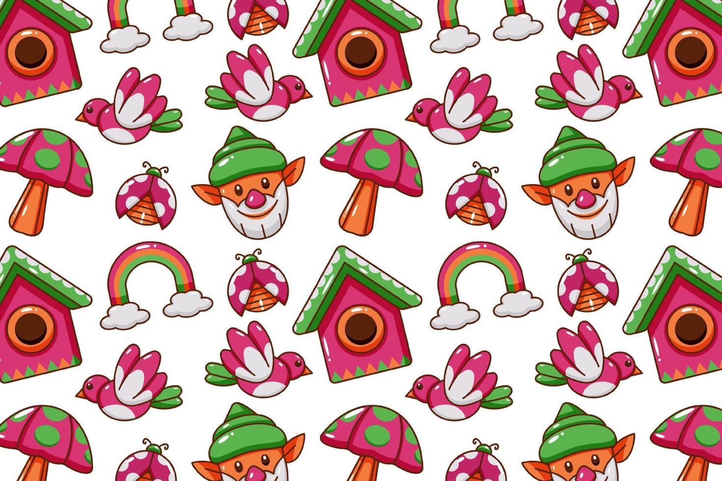 Spring icon pattern. Flowers, insects, gnomes and birds vector