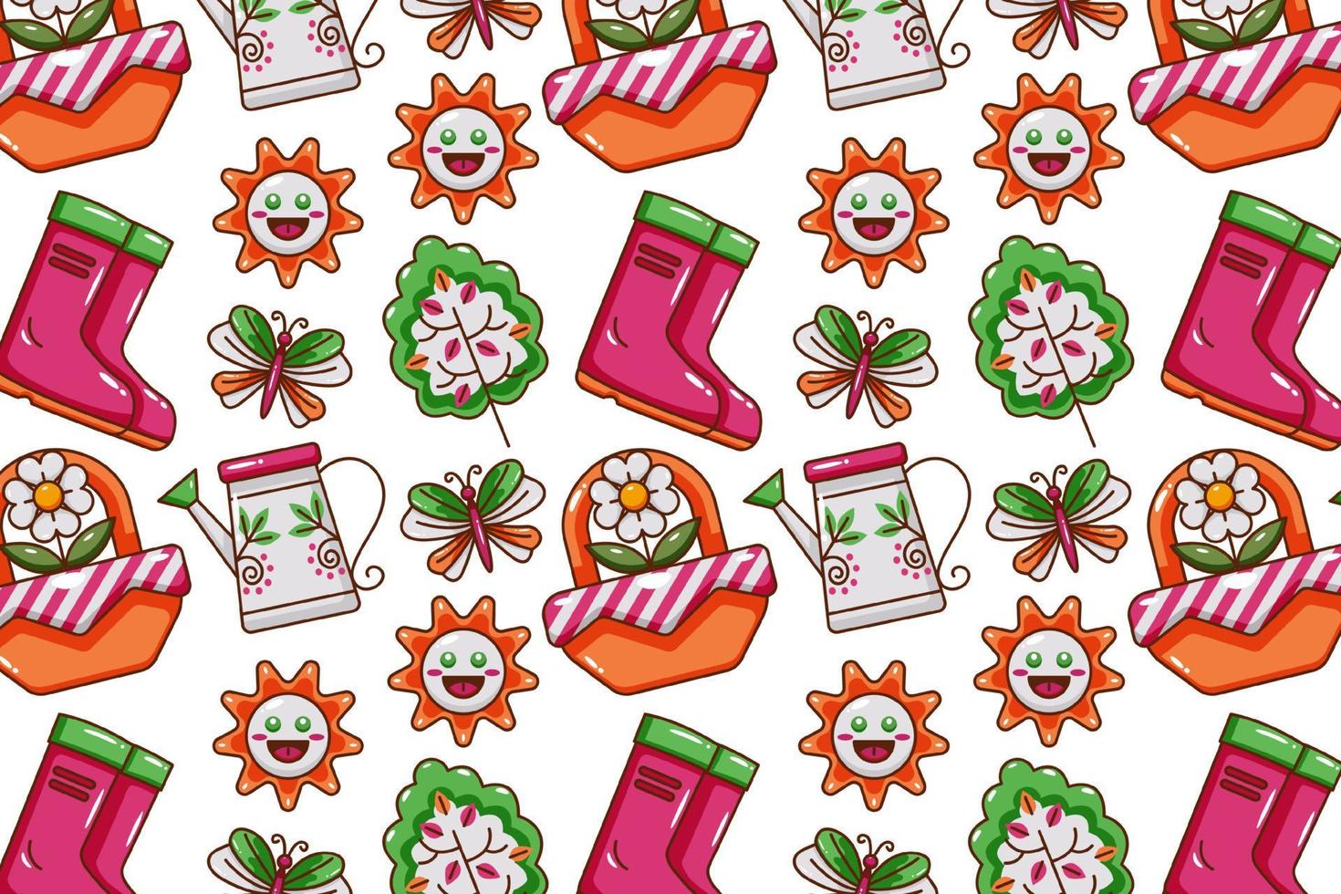 Spring icon pattern. Flowers, insects, gnomes and birds vector