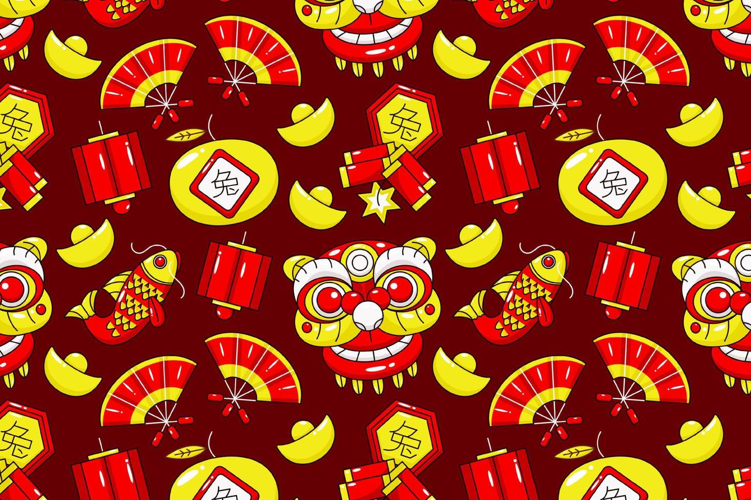 Chinese new year icon pattern. Dragons, lanterns, gold, koi fish and firecrackers vector