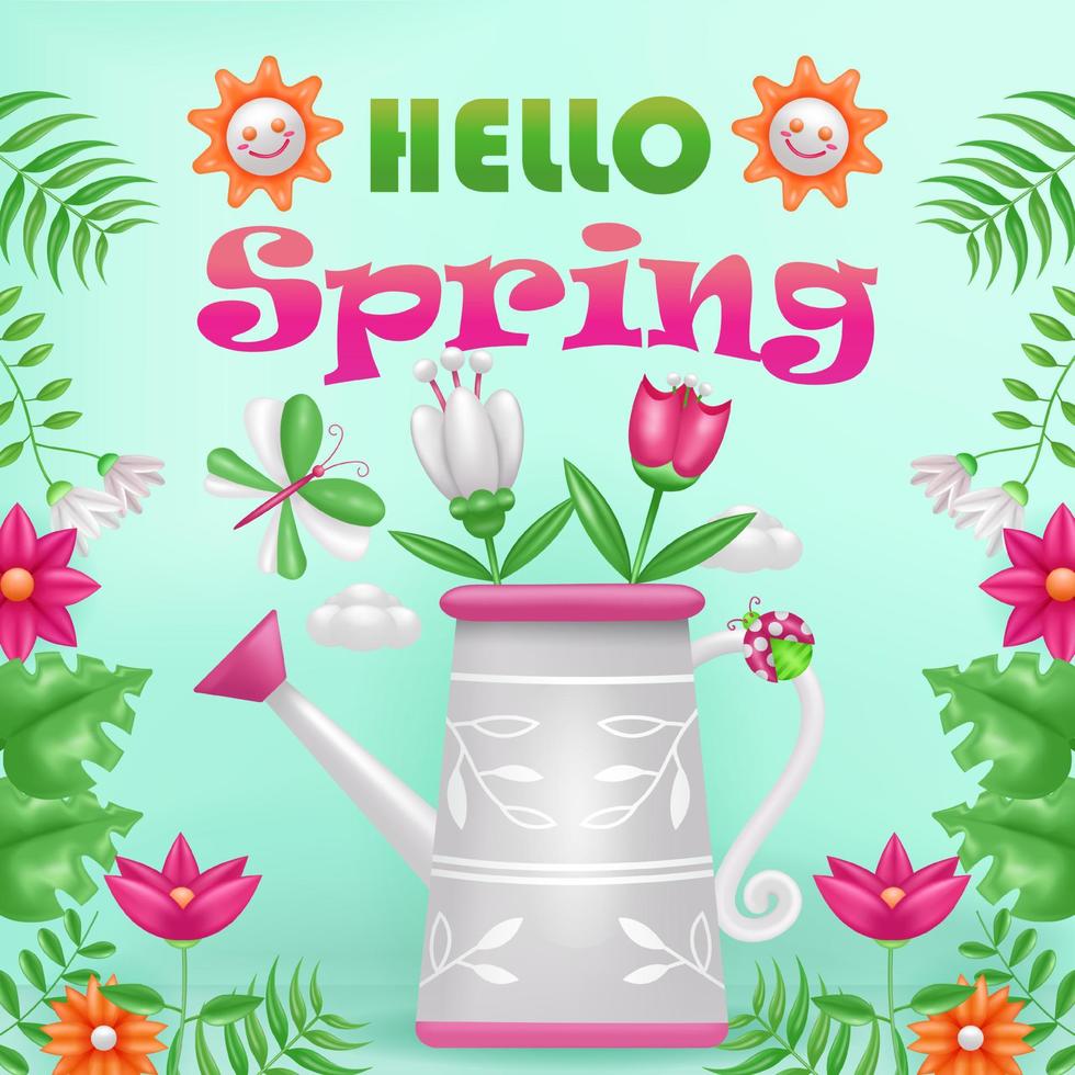 Hello spring. 3d illustration of boots, basket and flower watering pot, with ornamental tropical plants vector