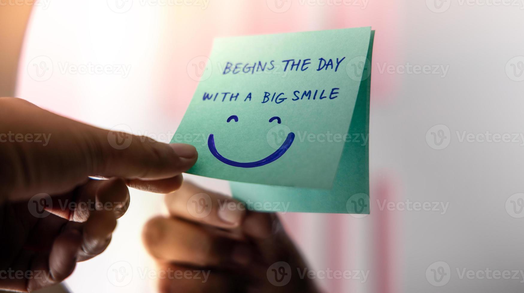 Beginnings, Start and Mental Health Concept. Note on the Mirror with a Big Smiling Face Cartoon. Remind and Practice to Start the Day with a Positive Mind photo