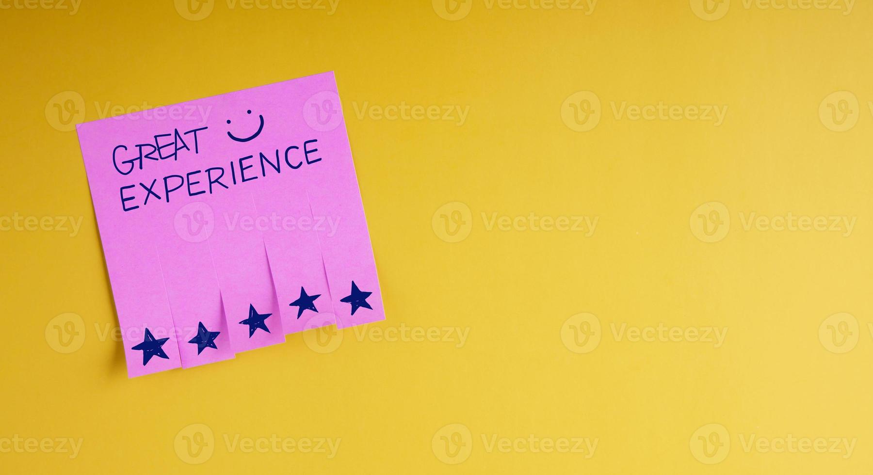 Customer Experiences Concept. Happy Client Rate Five Star and Smiling Face on Satisfaction Surveys Note. Positive Feedback and Review photo