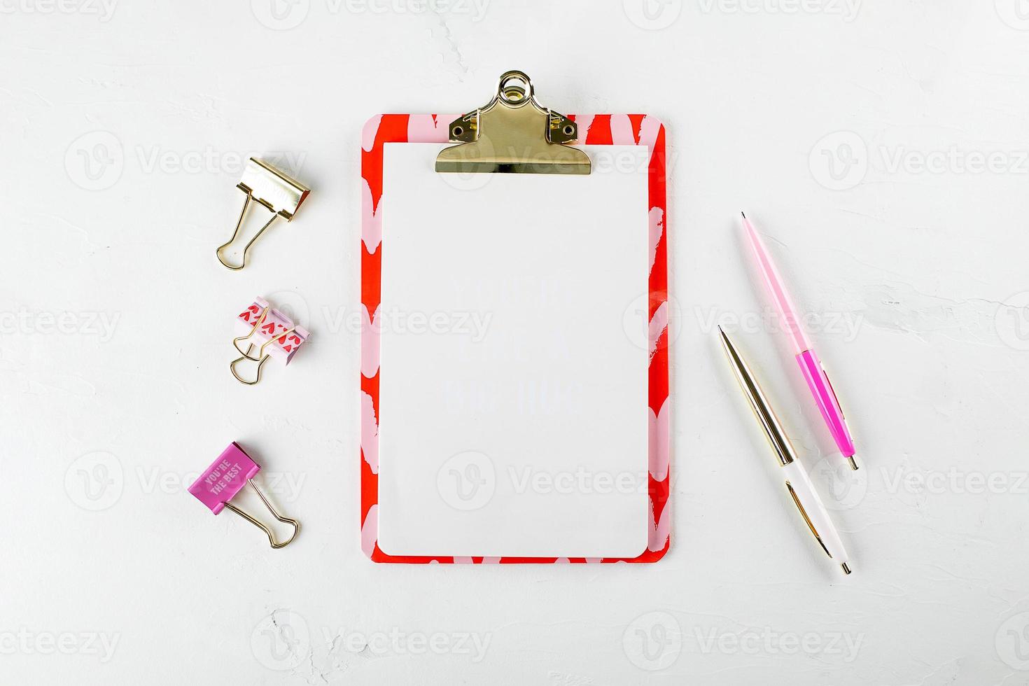 Flat lay feminine home office photo