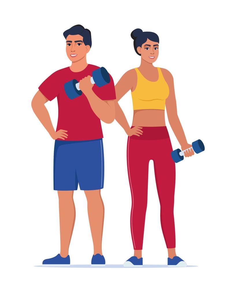 Fitness couple. Man and woman dressed in sportswear are doing exercises with dumbbells. Vector illustration.