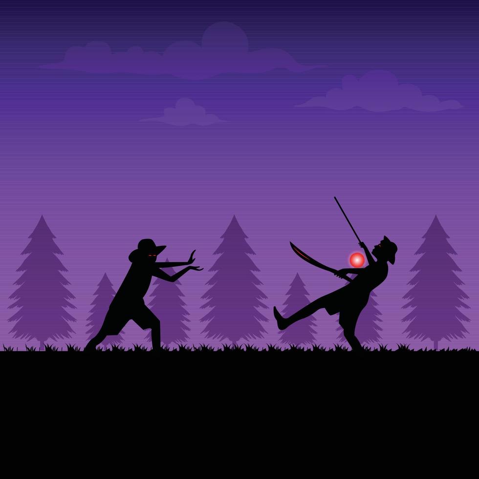 2 ninja peleando en la noche con poder mágico y armas ilustración plana, ilustración de guerra ninja vector