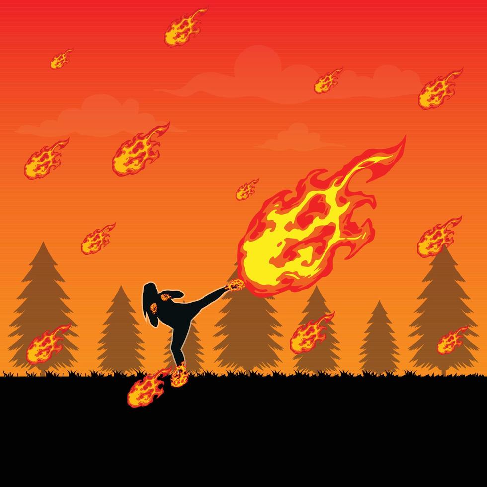 Ninja girl kicking fire flame ball with magical fire kick flat vector illustration, fire ball destroying by ninja girl kick