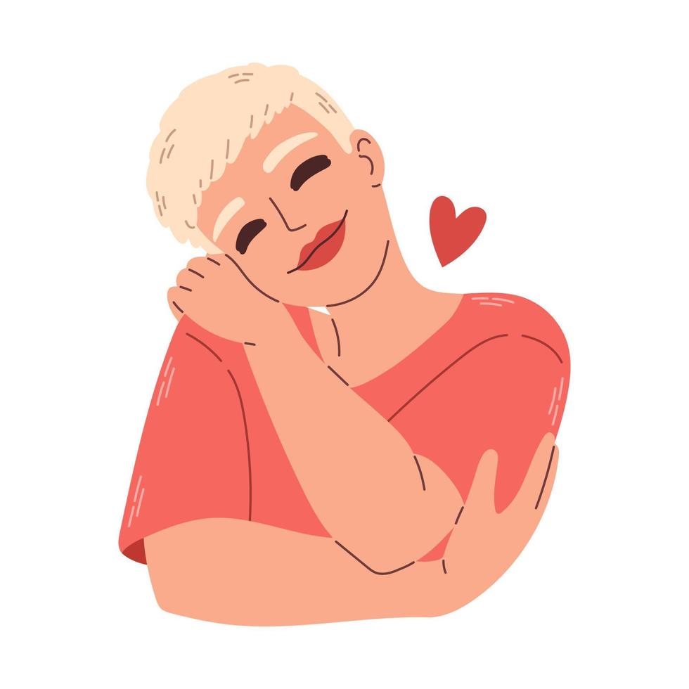 Love yourself. Woman hugging herself with heart. Love your body concept. Take time for your self. Vector illustration.