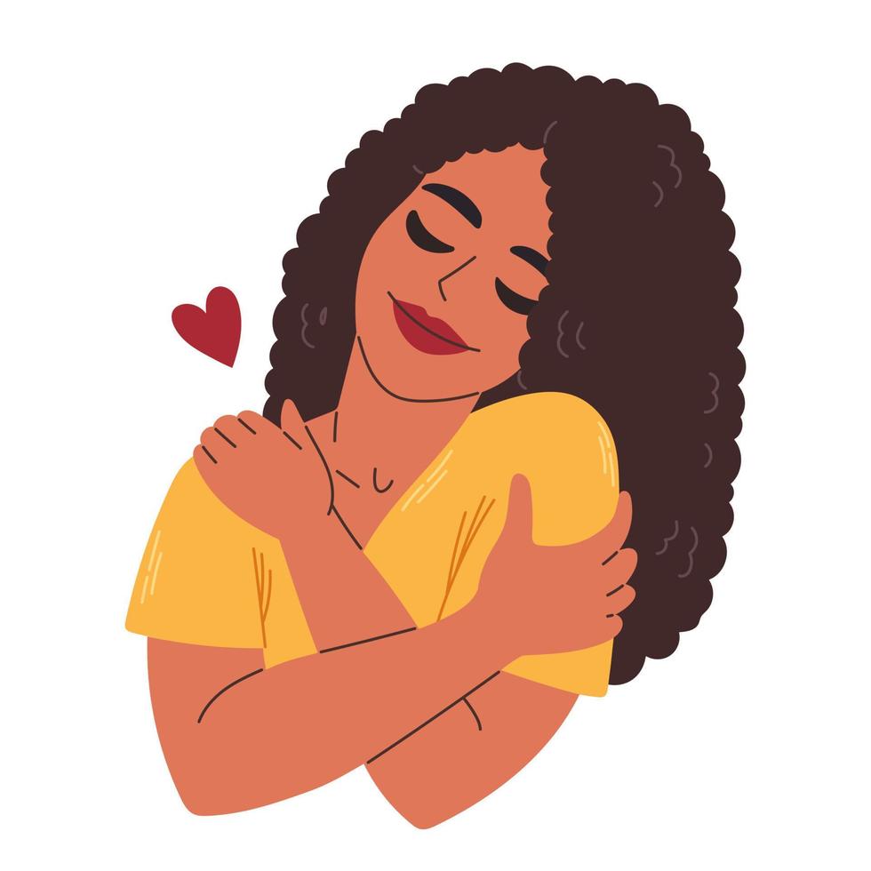 Ámate a tí mismo. mujer de cabello rizado negro abrazándose a sí misma con el corazón. ama tu concepto de cuerpo. toma tiempo para ti mismo. ilustración vectorial vector