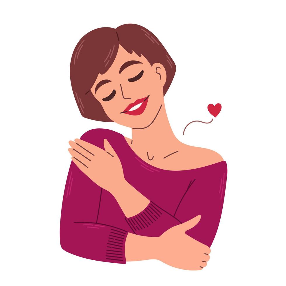 Love yourself. Woman hugging herself with heart. Love your body concept. Take time for your self. Vector illustration.