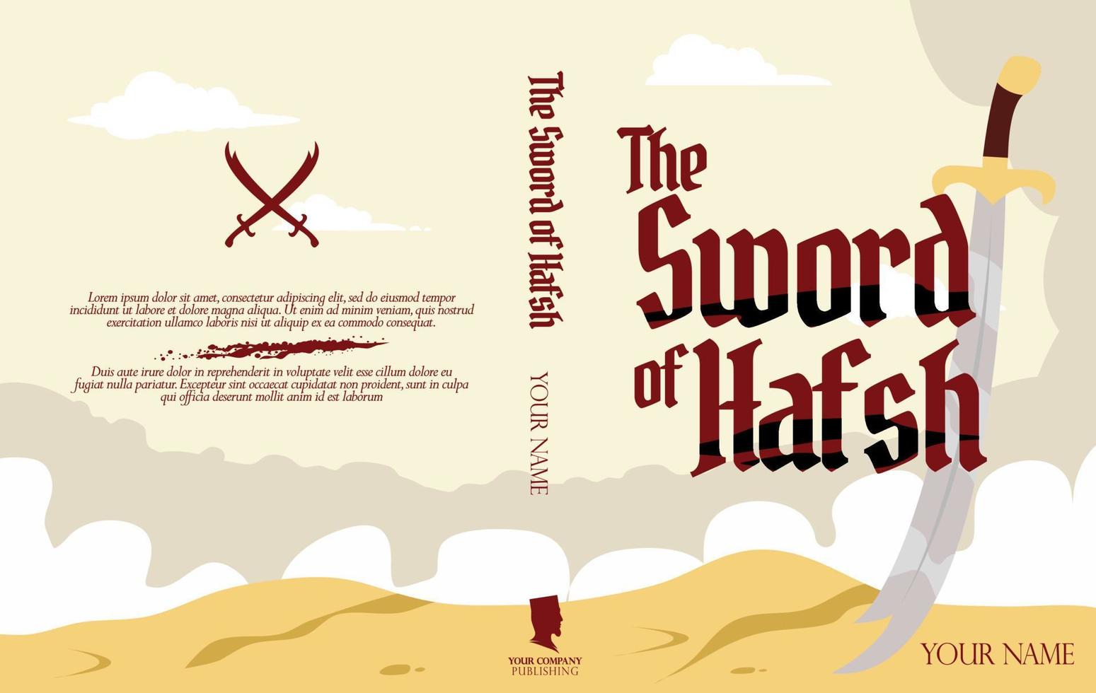 made up book cover, with  title the sword of Hafsh, hafsh means Lion of the desert,  suitable for book mock up vector