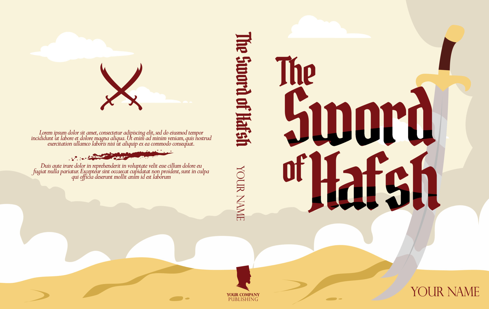 made up book cover, with title the sword of Hafsh, hafsh means Lion of the desert, suitable for
