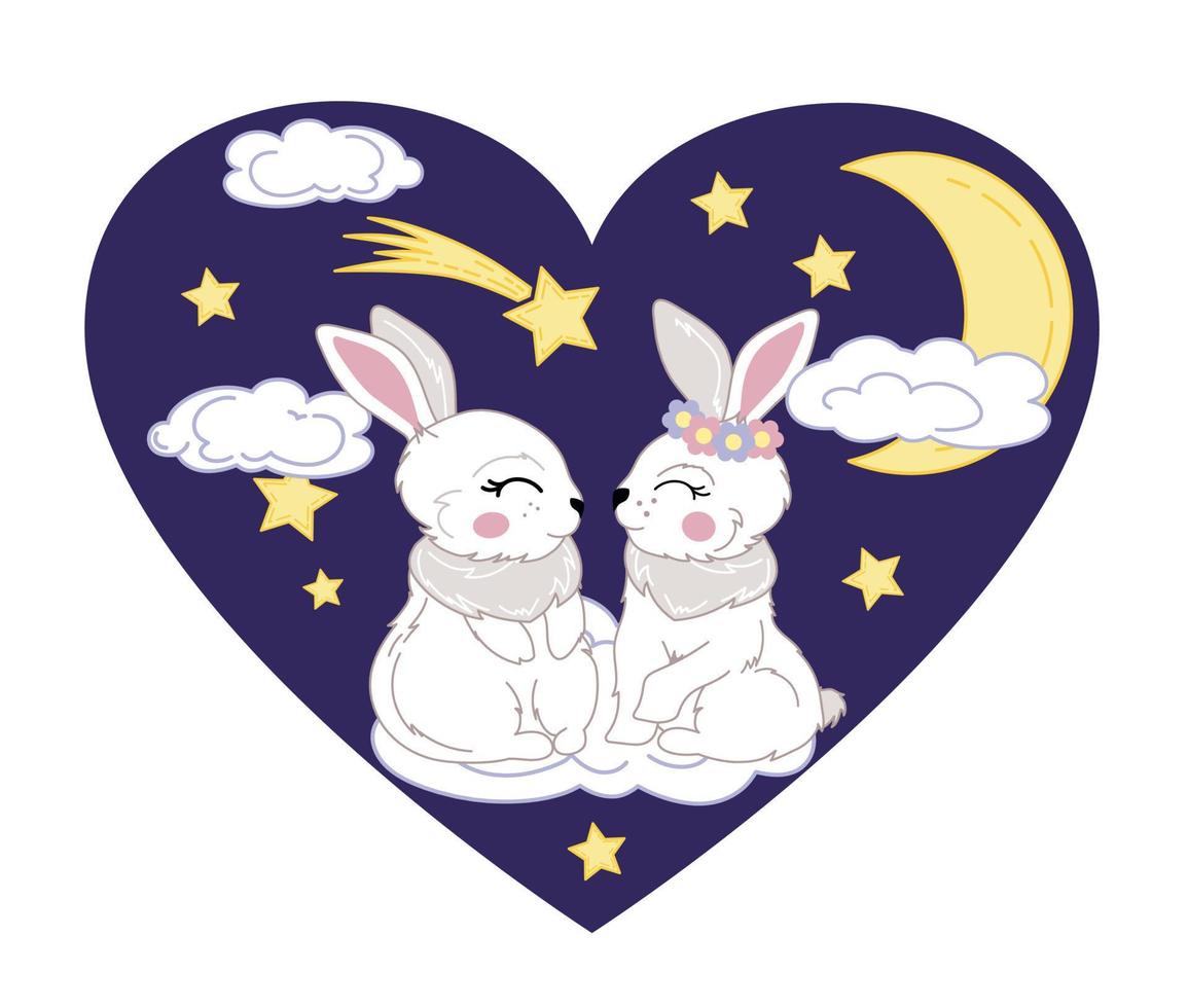 San Valentín en forma de corazón con la imagen de dos conejos en el fondo de la luna y el cielo estrellado vector