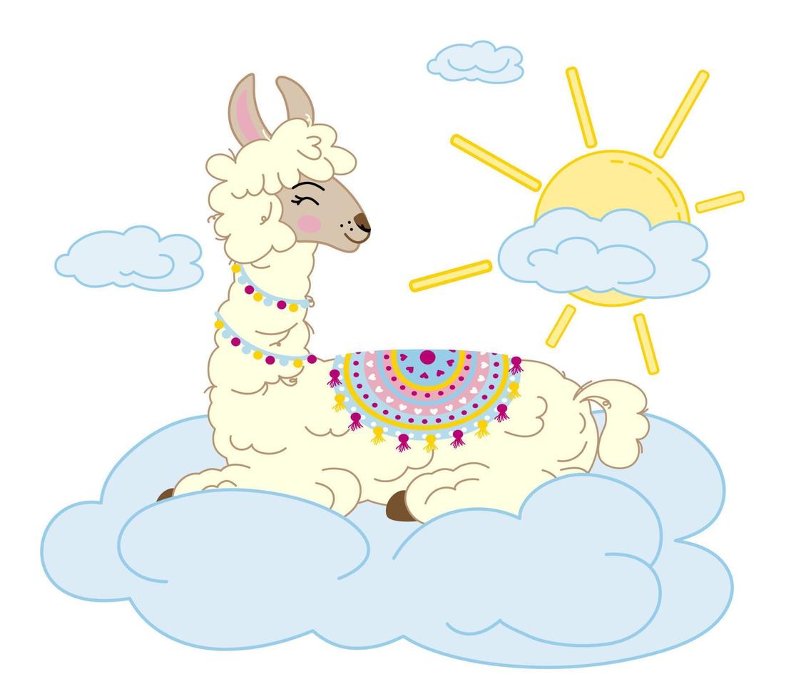 alpaca on a cloud in the sky on the stench of sun and clouds. baby vector illustration