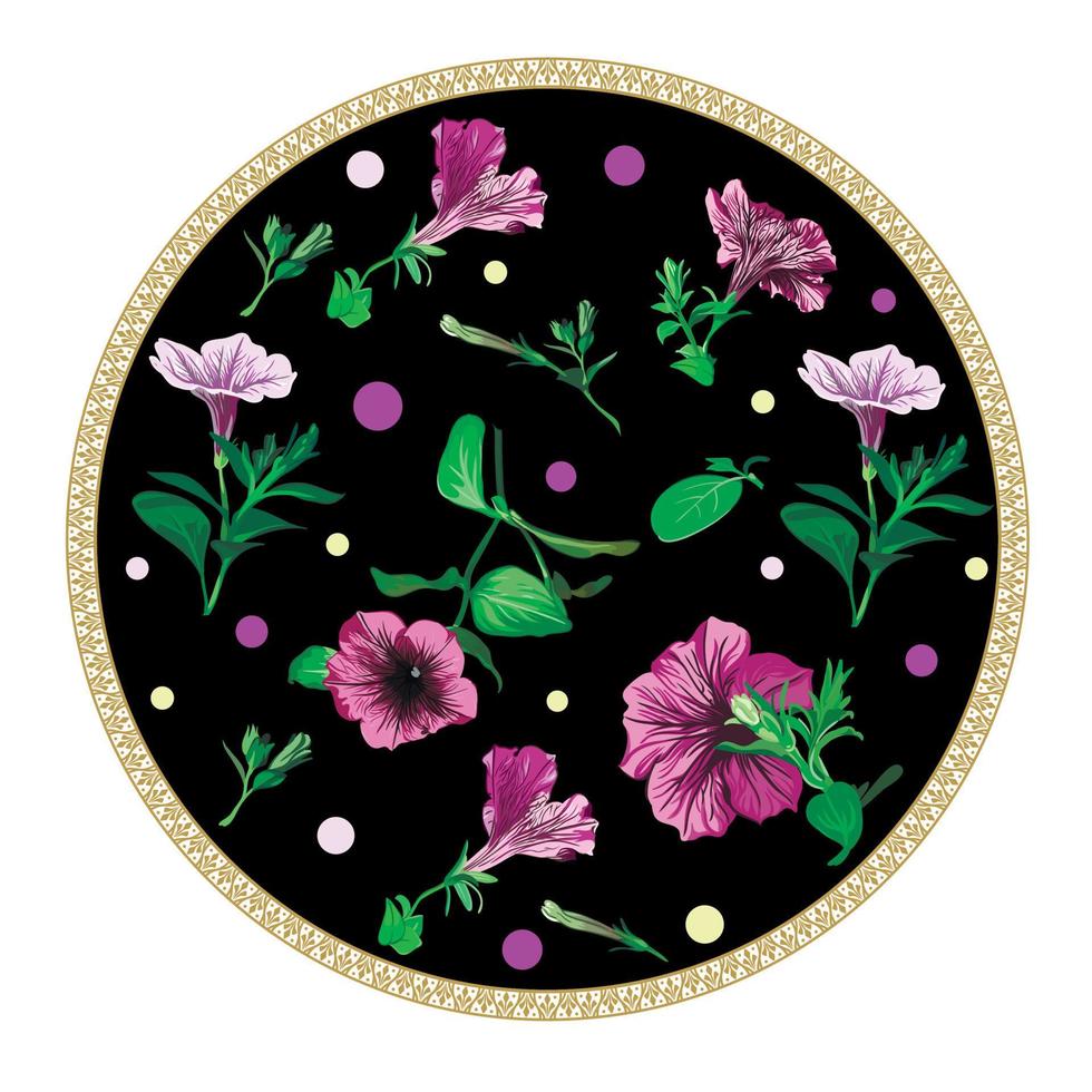 tarjeta con elementos de flores y hojas de petunia aisladas en un círculo negro con adornos dorados en un fondo negro vector