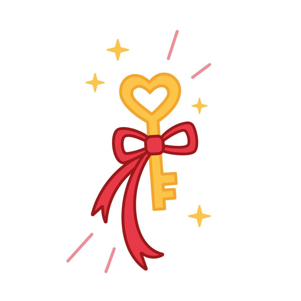 Golden heart key with ribbon. Key for heart concept. Vector illustration of a love key. Valentines day icon in doodle style. Hand drawn style.