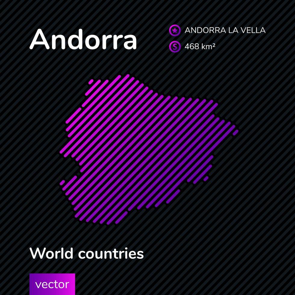 Vector abstract map of Andorra with violet striped texture and striped dark background