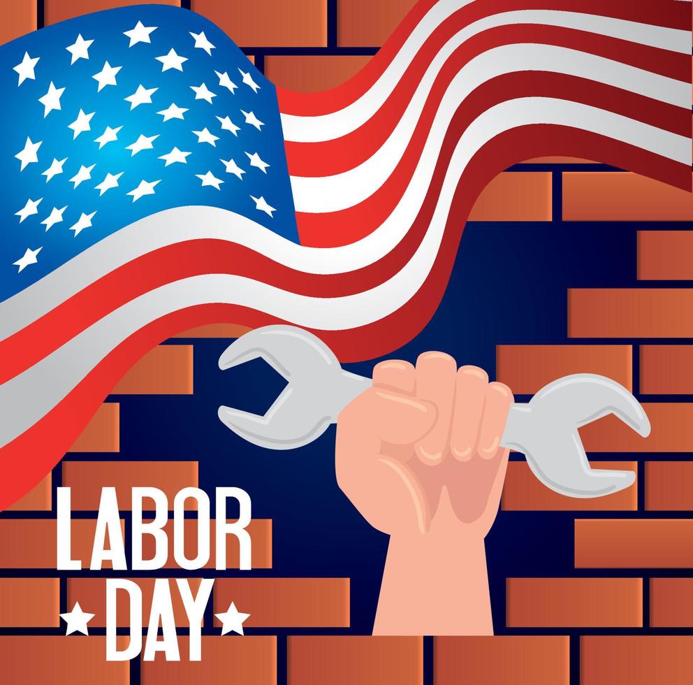 happy labor day holiday banner and hand with wrench tool vector