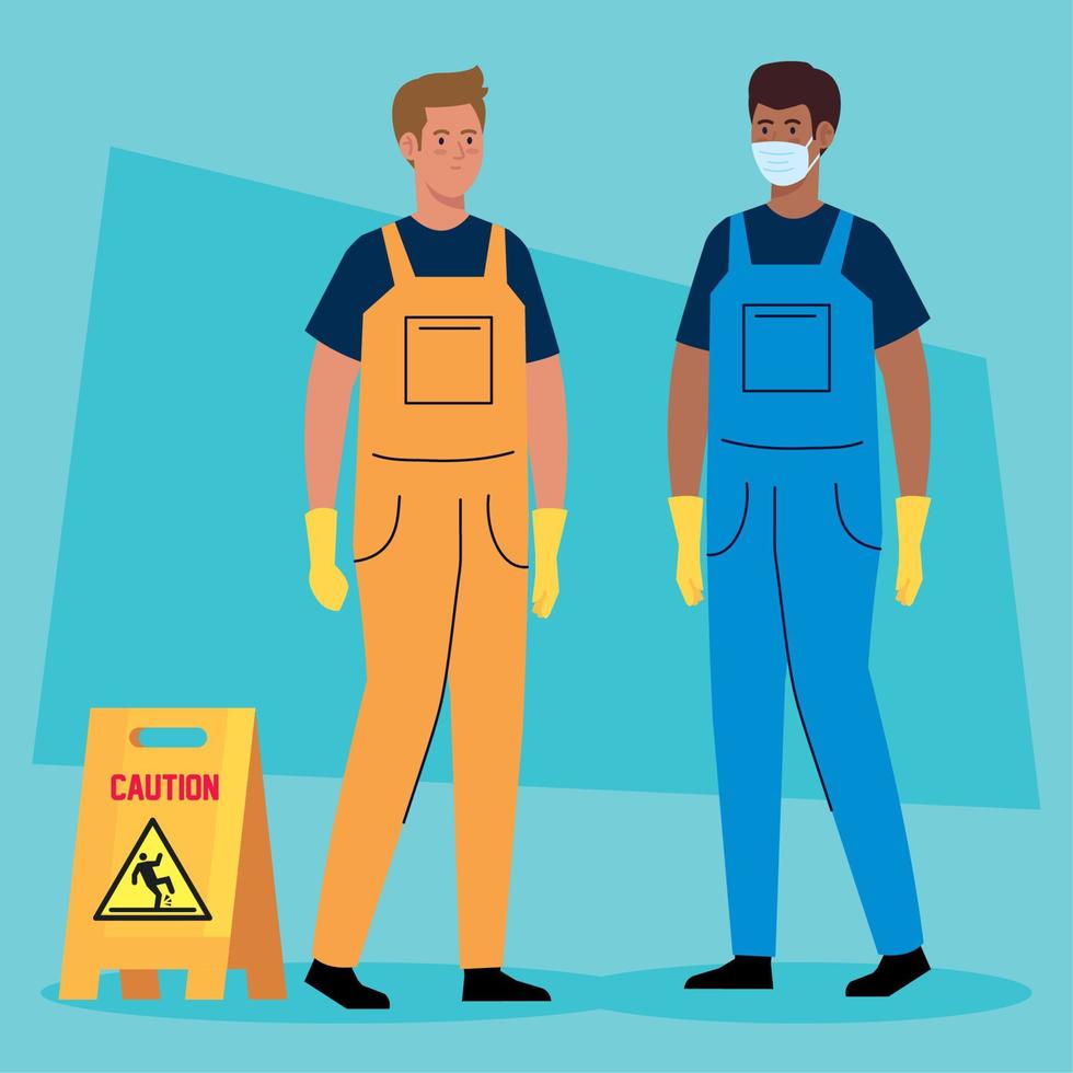 men workers of cleaning service, on blue background vector
