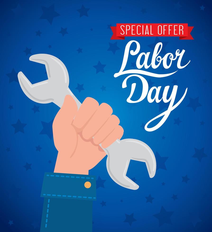 happy labor day holiday banner and hand with wrench tool vector