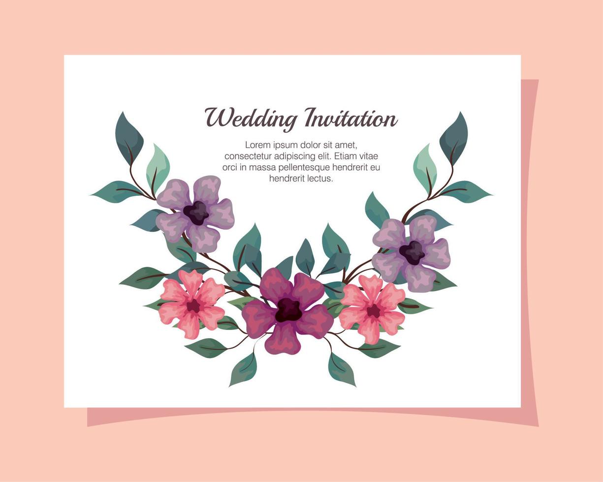 tarjeta de felicitación con flores de color rosa, morado y lila, invitación de boda con flores con decoración de ramas y hojas vector