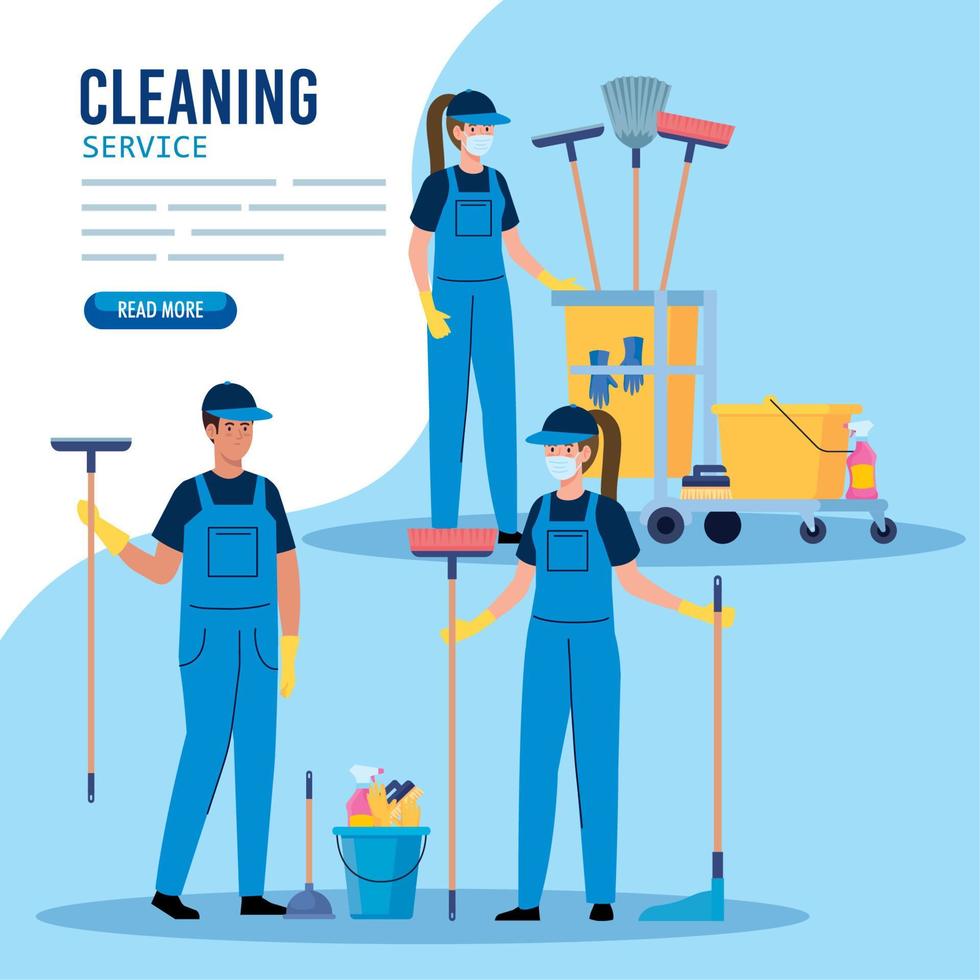 cleaning service, group of workers of cleaning service with equipments vector