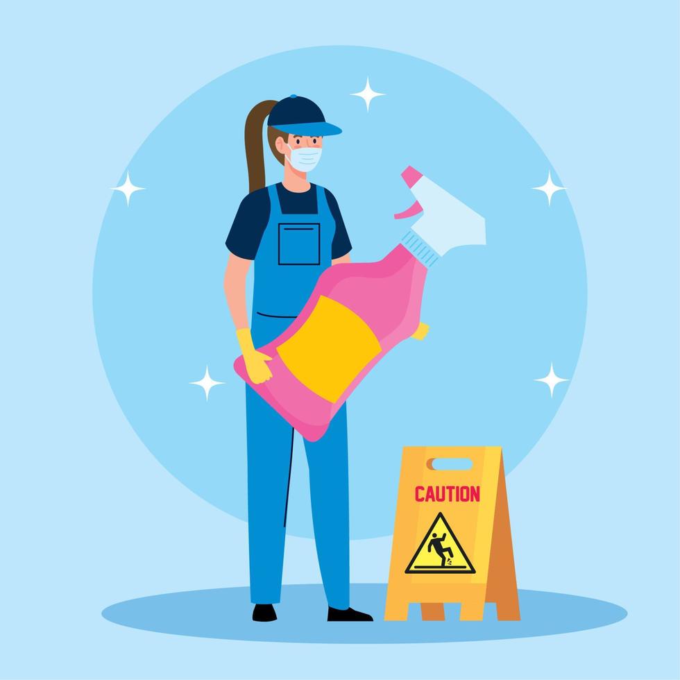 woman worker of cleaning service wearing medical mask, with cleaning spray and caution sign wet floor vector