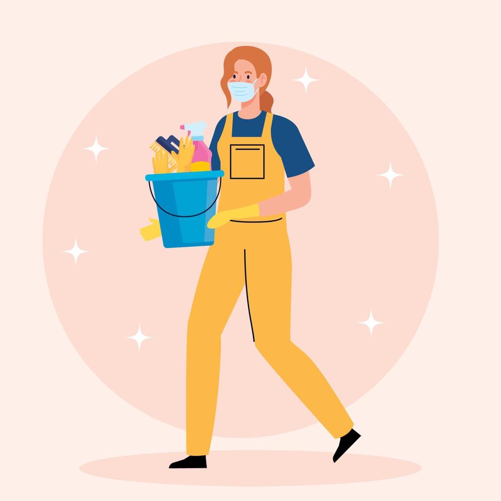 woman worker of cleaning service wearing medical mask and bucket with cleaning tools vector