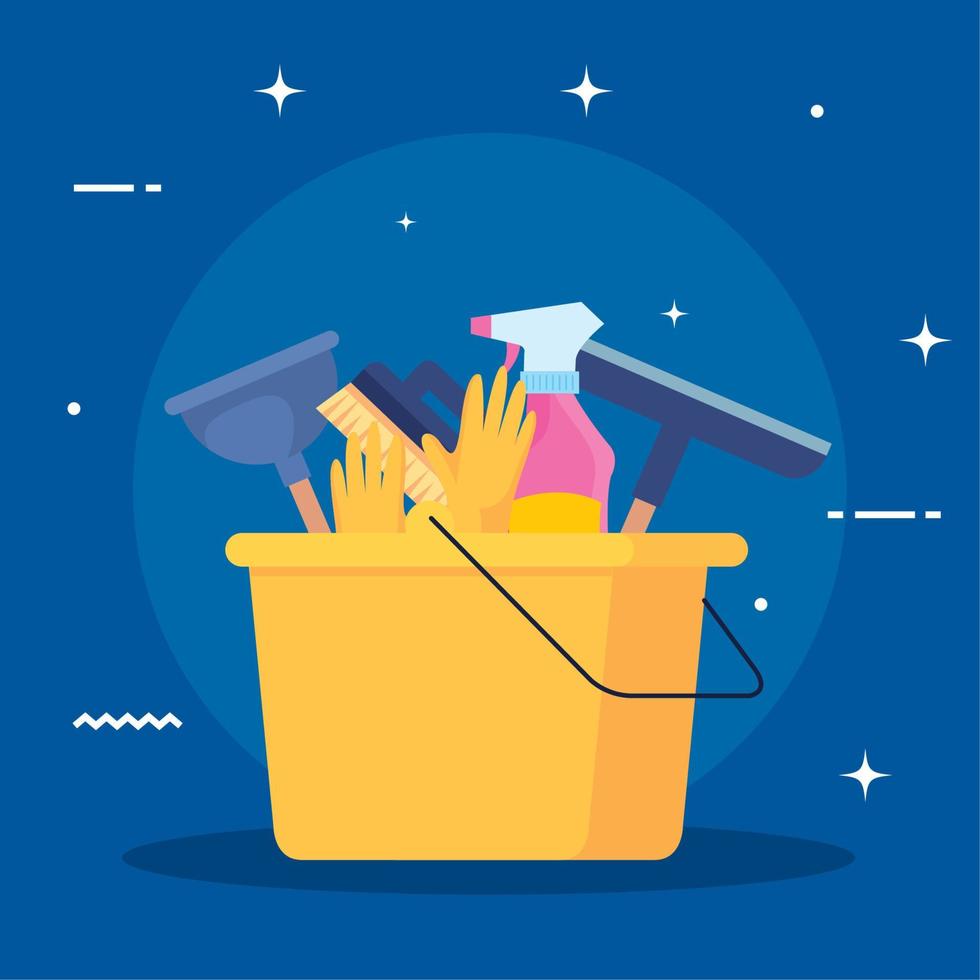 cleaning service, bucket with cleaning tools, on blue background vector