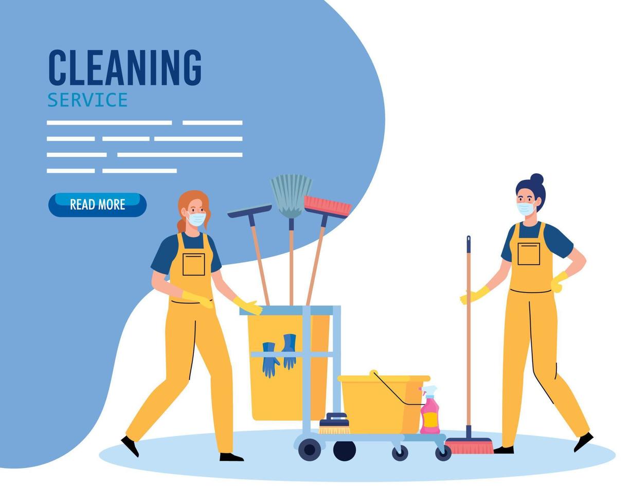 pancarta del servicio de limpieza, trabajadoras del servicio de limpieza con máscara médica, con carro y equipos de limpieza vector