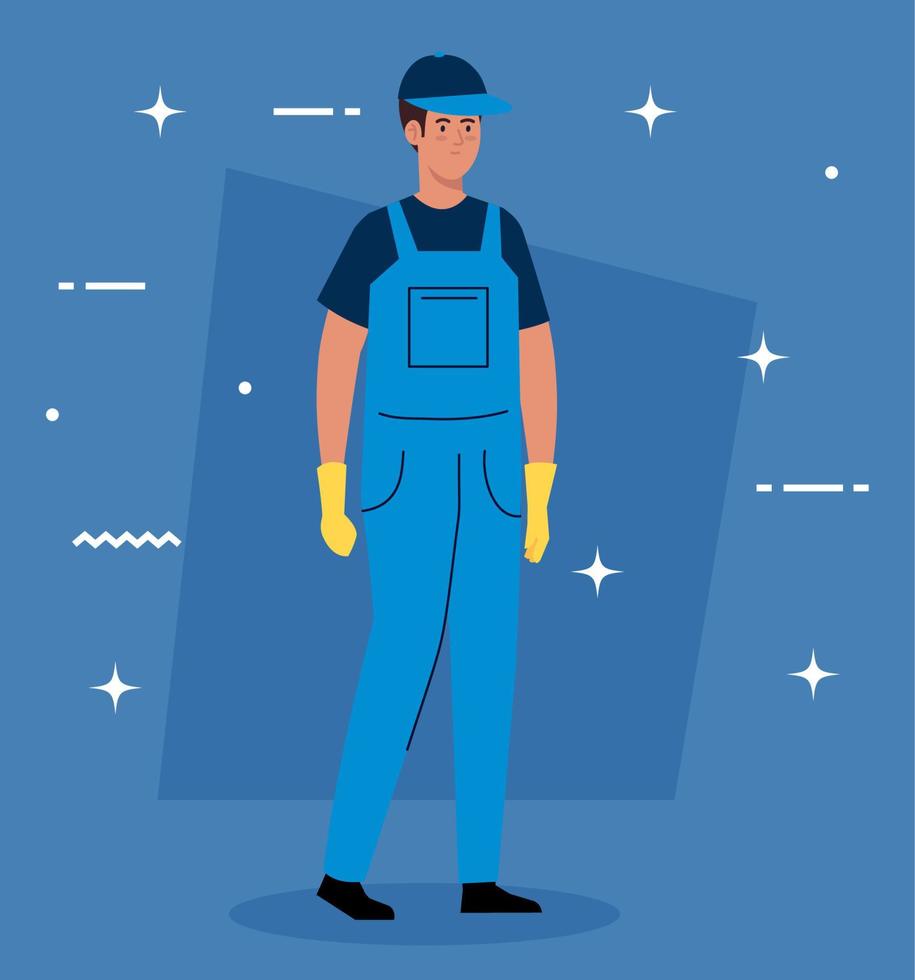 man worker of cleaning service, on blue background vector