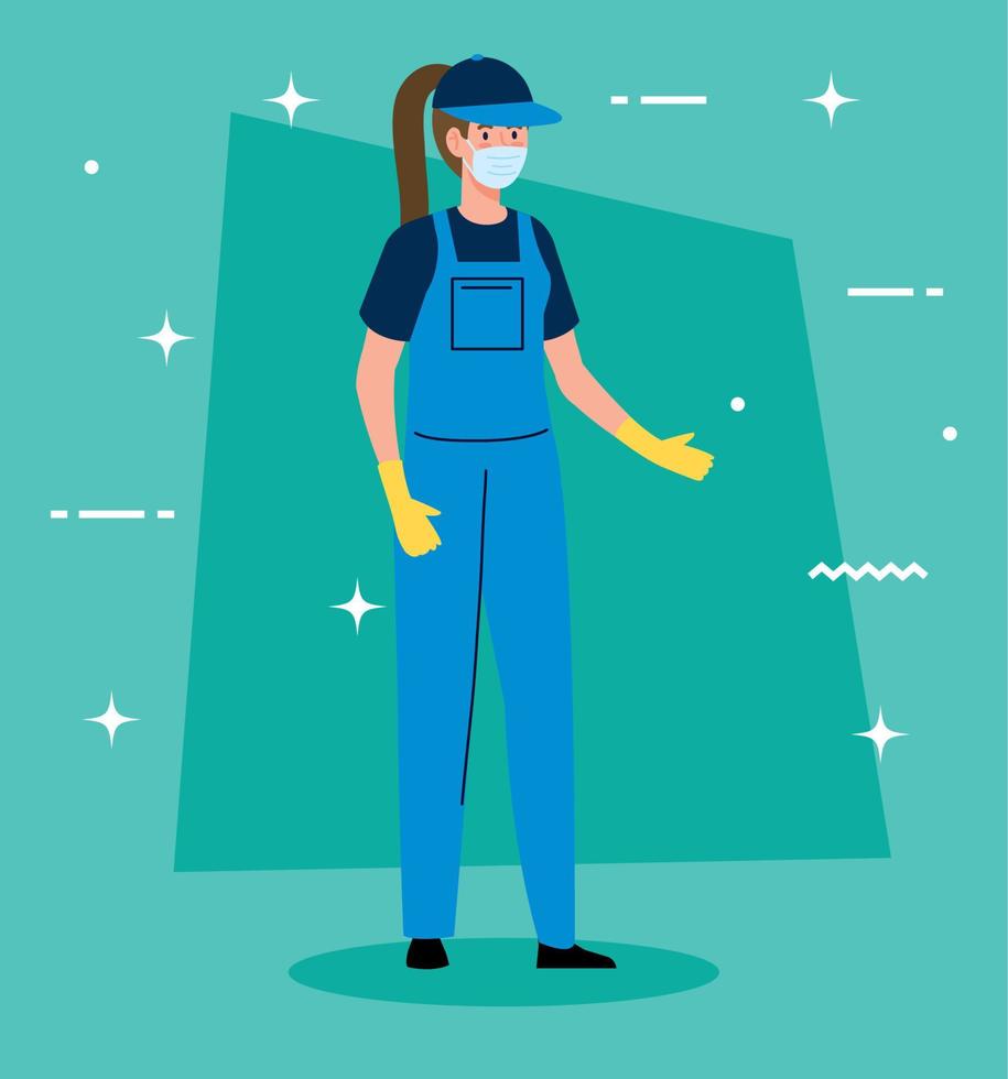 woman worker of cleaning service wearing medical mask vector