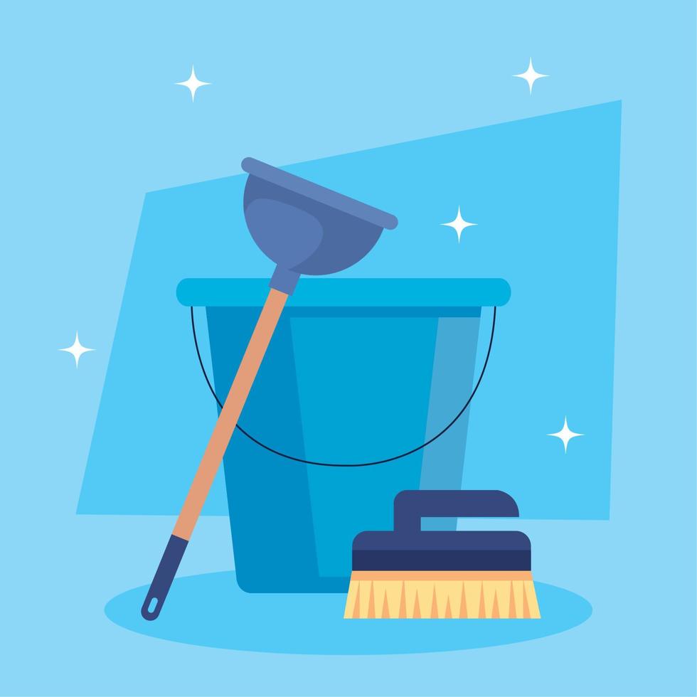 cleaning service, bucket with cleaning tools, on white background vector