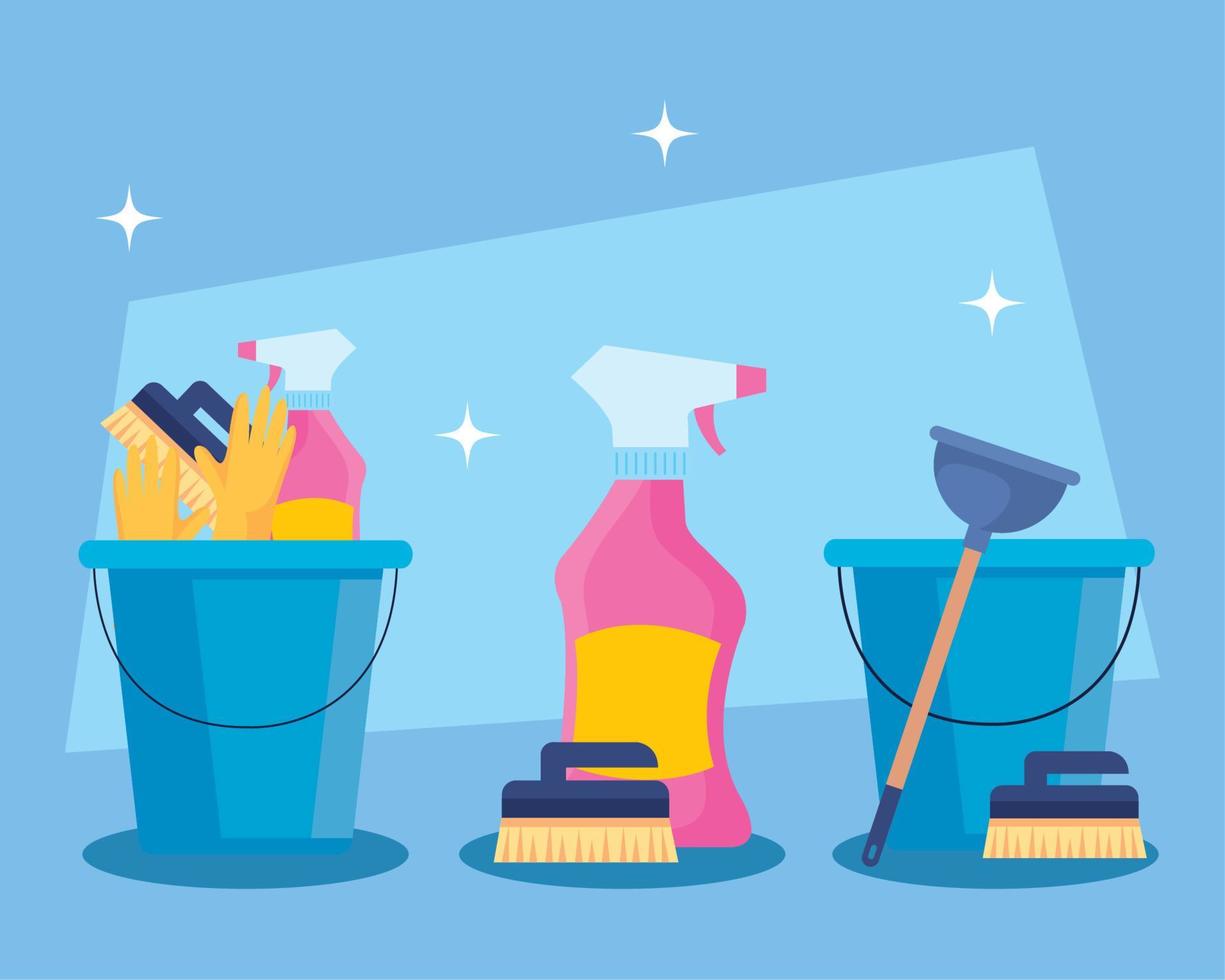 set of cleaning service in buckets with cleaning tools vector