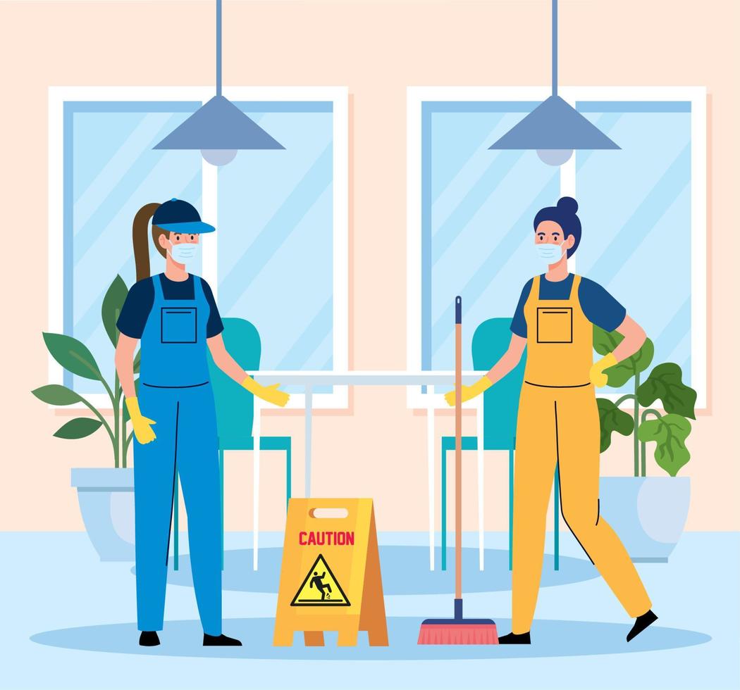 cleaning service, women workers of cleaning service wearing medical mask in the restaurant vector