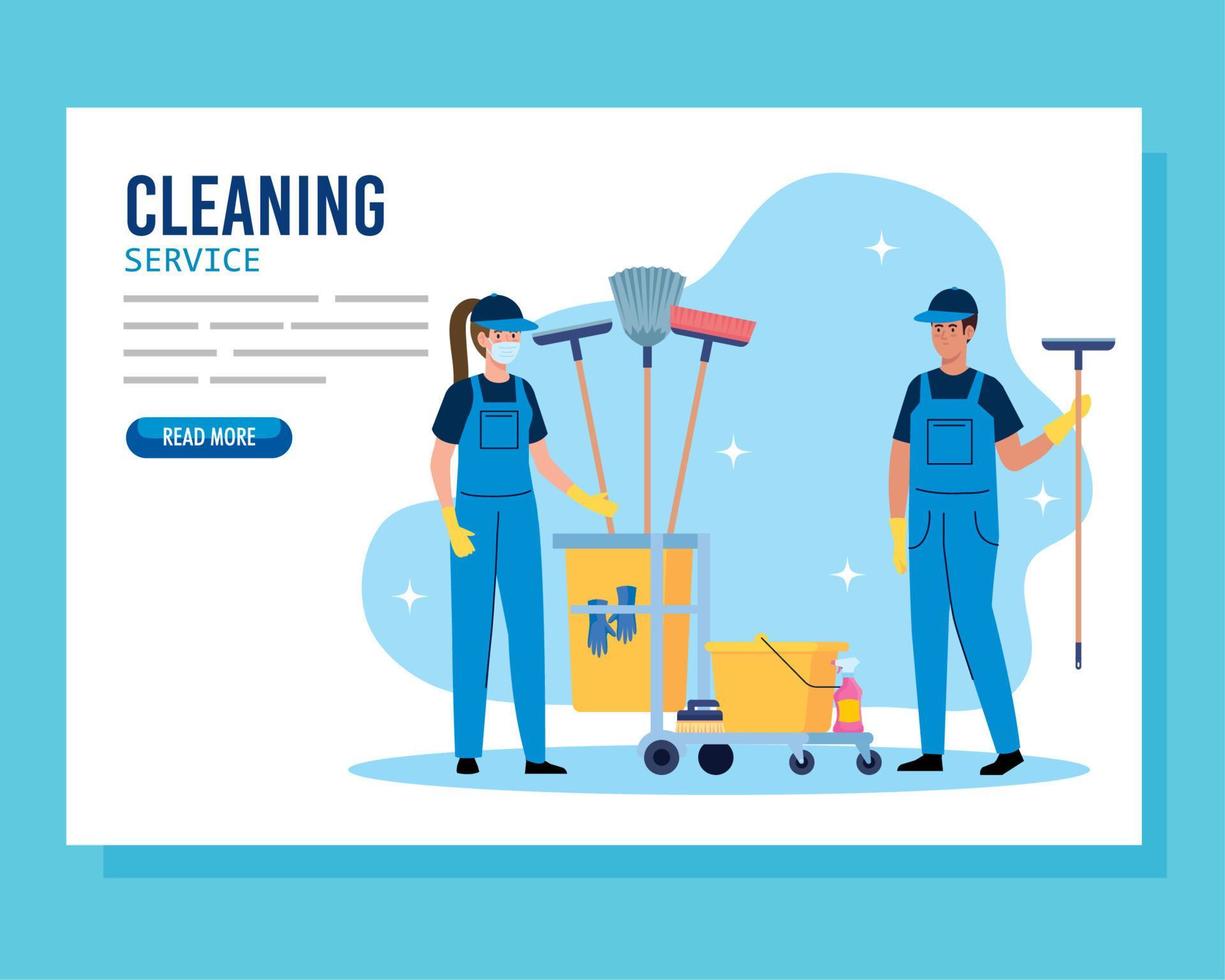 banner de servicio de limpieza, pareja de trabajadores con carro de limpieza con iconos de equipo vector