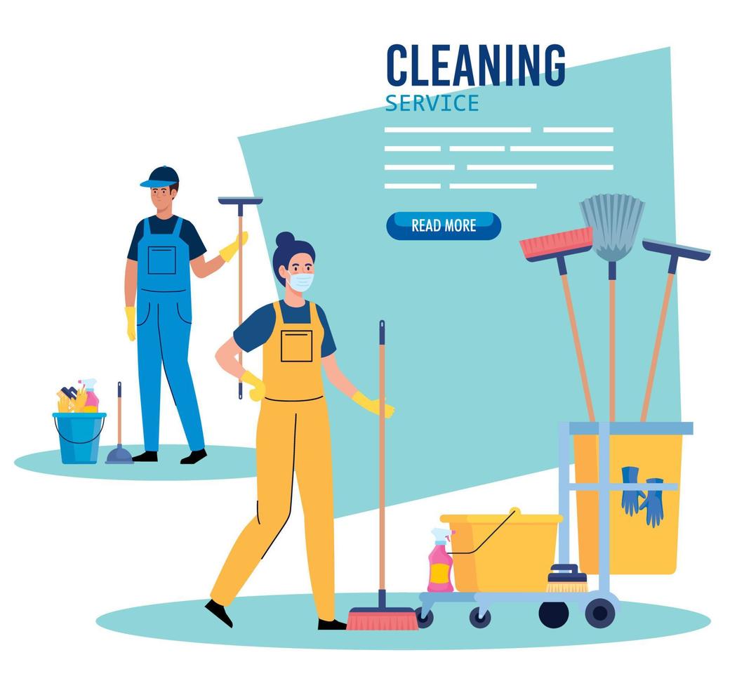 cleaning service banner, couple workers with cleaning trolley with equipment icons vector