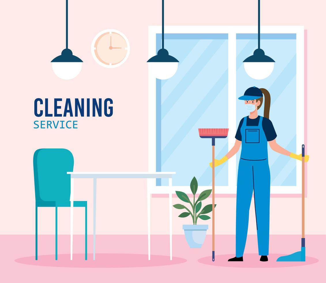 servicio de limpieza, trabajadora del servicio de limpieza con mascarilla médica en el restaurante vector