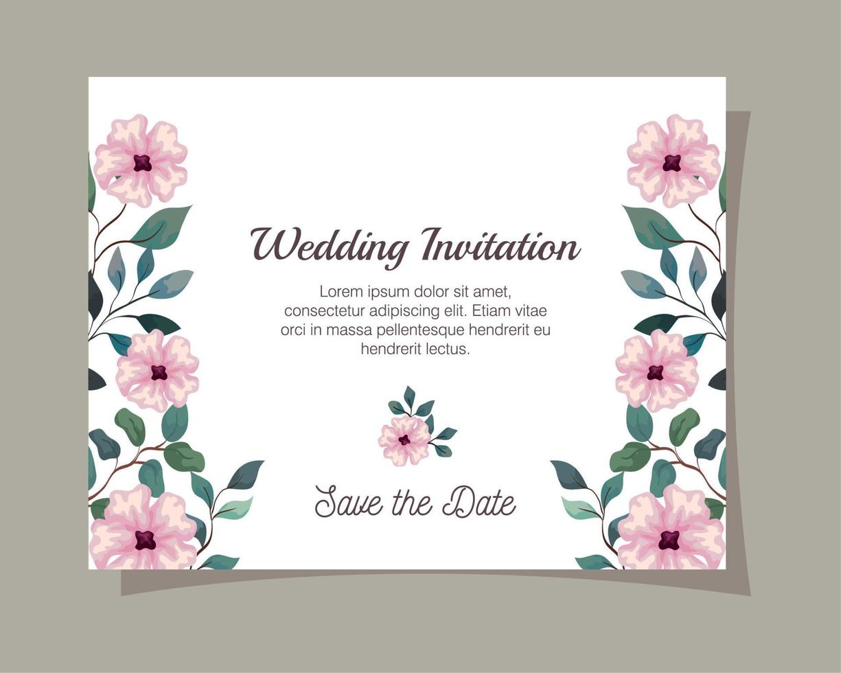 greeting card with flowers pink color, wedding invitation with flowers pink color with branches and leaves decoration vector