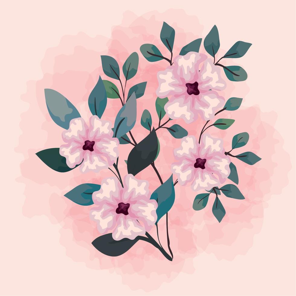 flowers pink color with branches and leaves, nature decoration vector