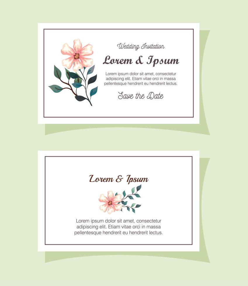 tarjetas de felicitación con flores, invitaciones de boda con flores con decoración de ramas y hojas vector